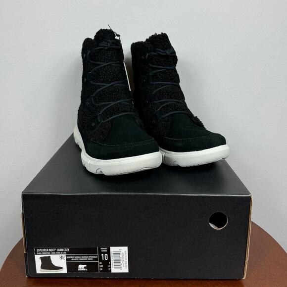 New Sorel Explorer Next Joan Cozy Boots in Black Suede/Faux Shearling Size 10 - Picture 3 of 9